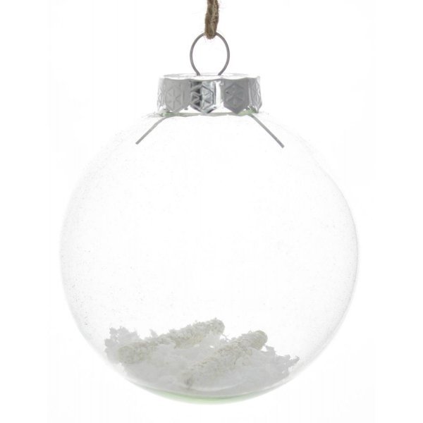 Χριστουγεννιάτικη Γυάλινη Διάφανη Μπάλα, με Χιονισμένα Ξυλαράκια (8cm)